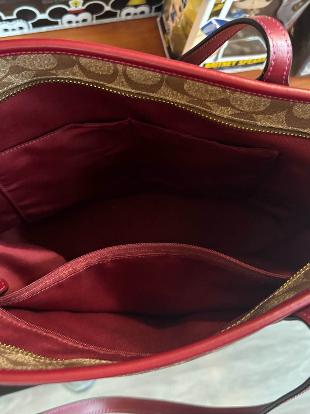 Coach Brown Signature Canvas Tote with Burgundy Trim - Picture 3 of 4